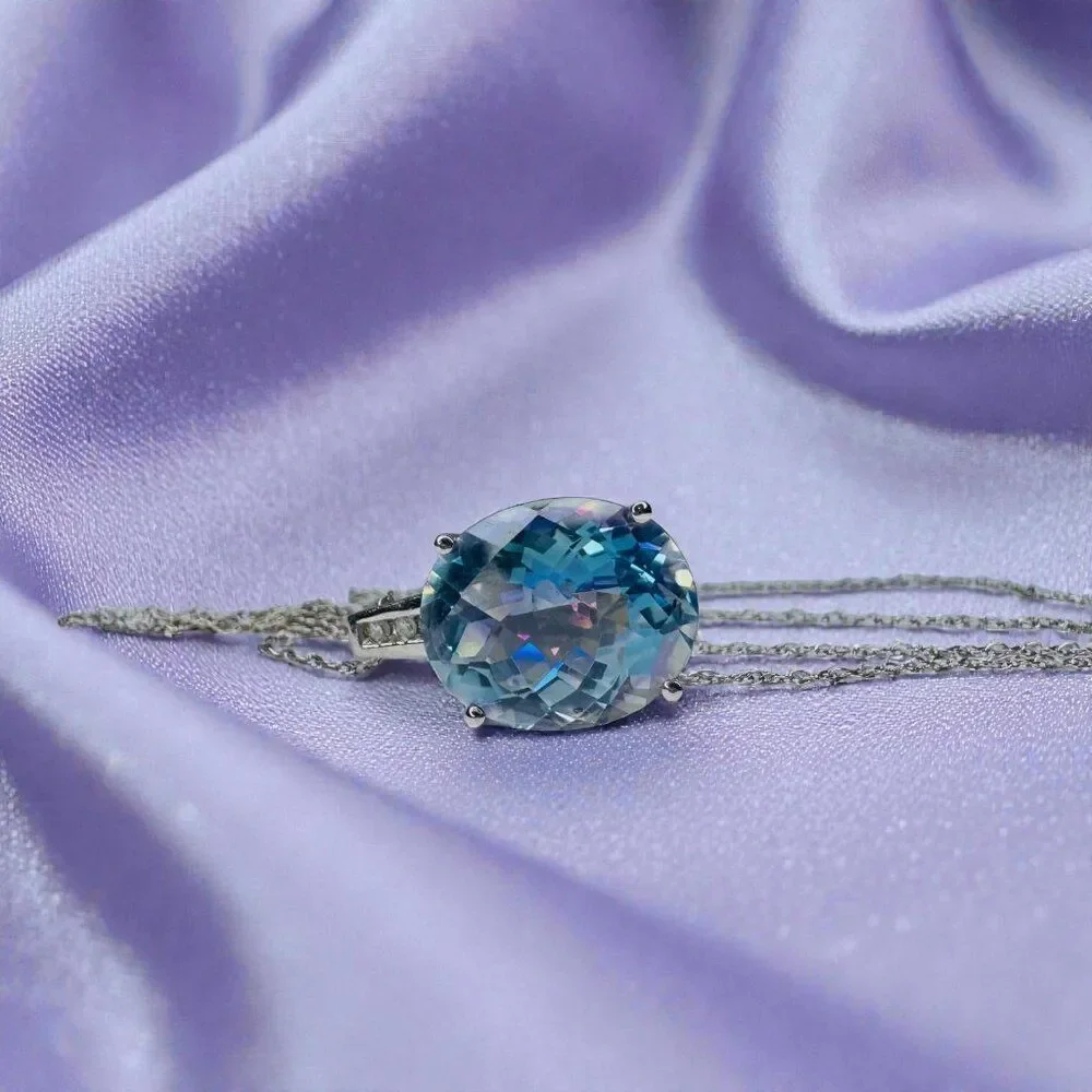 10K White Gold LARGE Mystic Topaz & Diamond Necklace -18